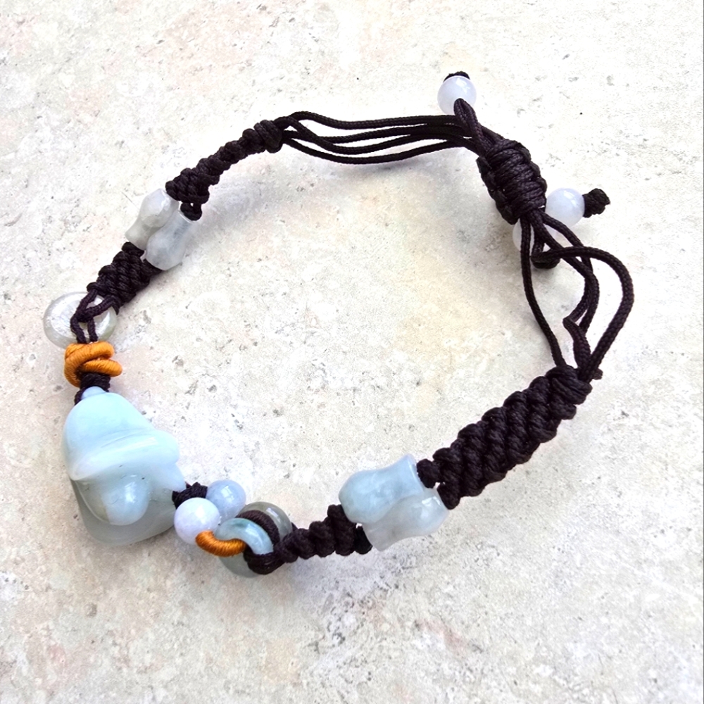 Handmade Carved Jade Macrame Braided Bracelet with Blue and Brown Accents